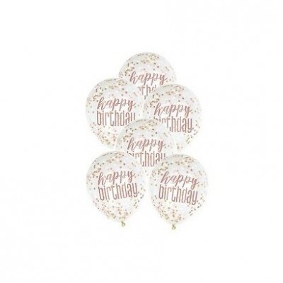 Seis balões transparentes com texto 'happy birthday' e confetes dourados