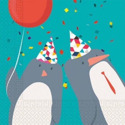 Ilustração de dois pinguins com chapéus de festa, balão vermelho e confetes coloridos