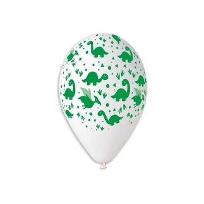 Balão branco com dinossauros verdes e folhas