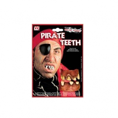 Dentes falsos de pirata em embalagem com fundo preto e texto