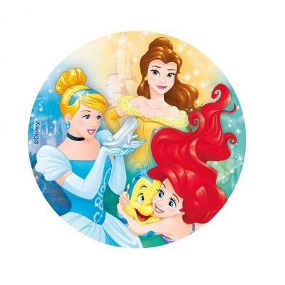 Ilustração circular com personagens Disney Cinderela, Bela e Ariel com peixe amarelo