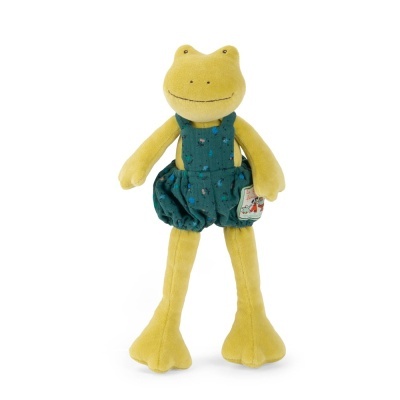 Boneco de pelúcia de rã amarela com jardineira verde