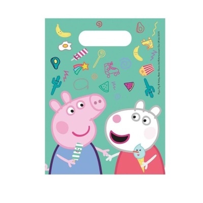 Sacola plástica colorida com personagens e desenhos de Peppa Pig