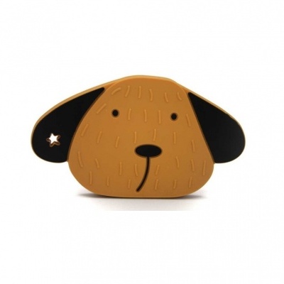 Carteira ou porta-moedas em forma de cabeça de cão castanho e preto com textura em relevo