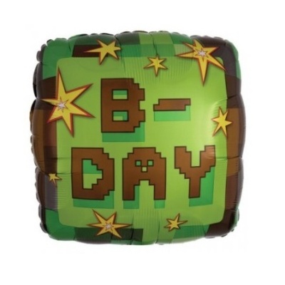 Balão quadrado verde com texto B-DAY e estrelas amarelas