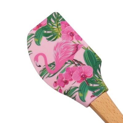 Espátula de silicone rosa com padrão de flamingo e flores