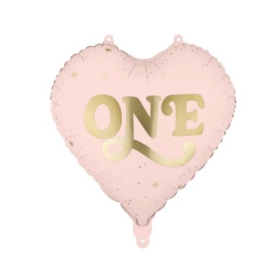 Balão cor-de-rosa em forma de coração com a palavra ONE em dourado