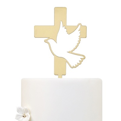 Topo de bolo branco com cruz dourada e pomba branca