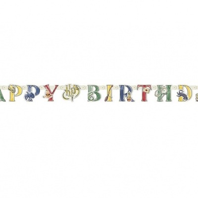 Faixa decorativa com letras coloridas HAPPY BIRTHDAY em padrão infantil