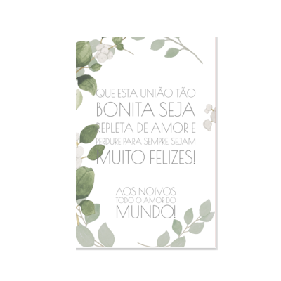 Cartão de felicitações com moldura floral verde e branca e texto em cinzento