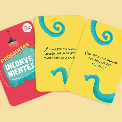 Cartas de jogo coloridas com perguntas em português