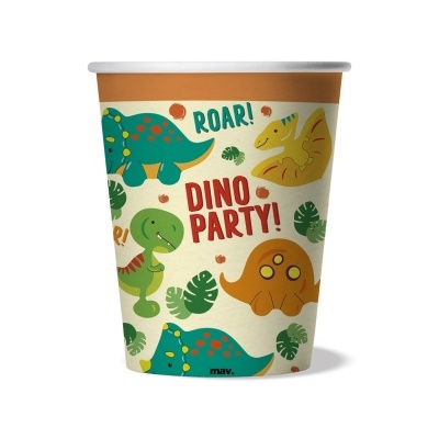 Copo de papel decorado com temas de dinossauros e texto Dino Party