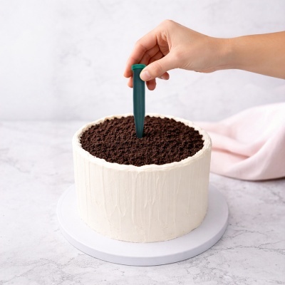 Bolo redondo com cobertura branca e topo de farelo de chocolate com marcador de plantas verde inserido