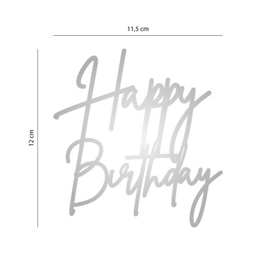 Texto decorativo Happy Birthday em metal prateado.