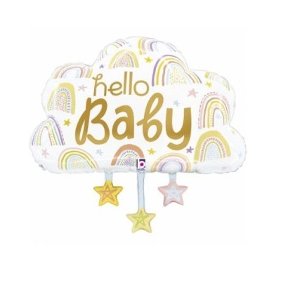 Balão em forma de nuvem com padrão de arco-íris e texto hello Baby