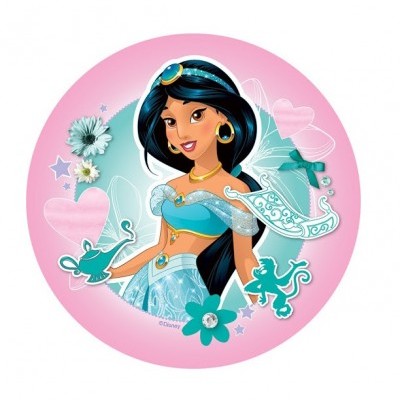 Desenho de princesa com vestido azul e acessórios dourados num fundo rosa com corações, flores e estrelas.