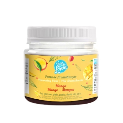 Frasco de pasta aromatizante sabor manga com rótulo amarelo e tampa branca