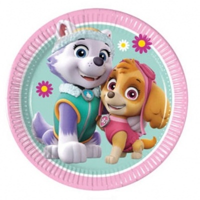 Prato de papel com personagens caninas animadas em fundo azul claro e borda rosa