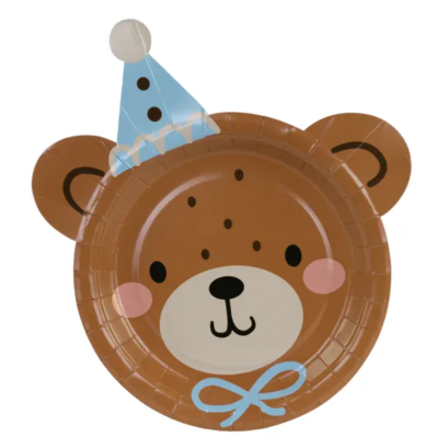 Prato de papel com desenho de urso castanho e chapéu de festa azul
