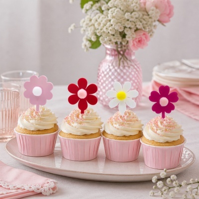 Quatro cupcakes com toppers de flores coloridas sobre prato branco