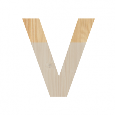 Letra V em madeira bicolor sobre fundo branco