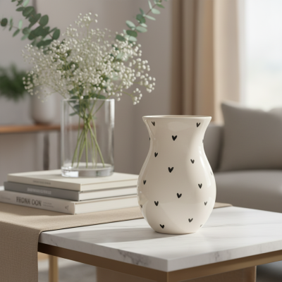 Vaso de cerâmica branco com corações pretos sobre mesa de mármore com livros e vaso de flores ao fundo