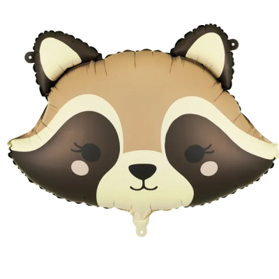 Balão metálico em forma de cabeça de guaxinim com tons castanhos e bege