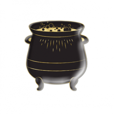 caldeirão preto com detalhes dourados e líquido espumoso interior