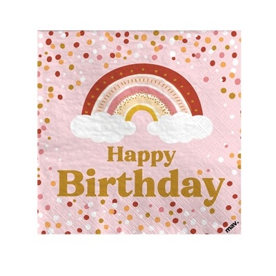 Guardanapo rosa com arco-íris e texto 'Happy Birthday'