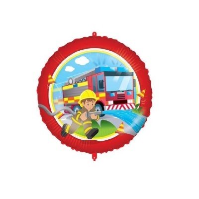 Balão metálico redondo com imagem de bombeiro e camioneta de bombeiros