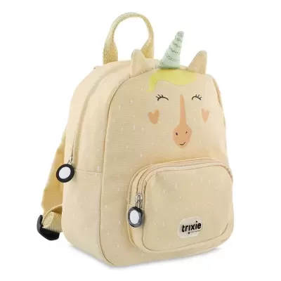 mochila infantil bege com desenho de unicórnio e bolso frontal trixie