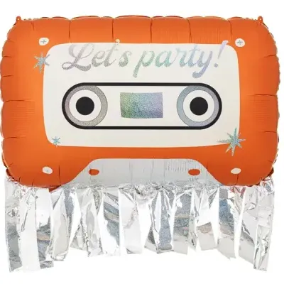 Balão de cassete laranja com texto Lets party! e franjas prateadas