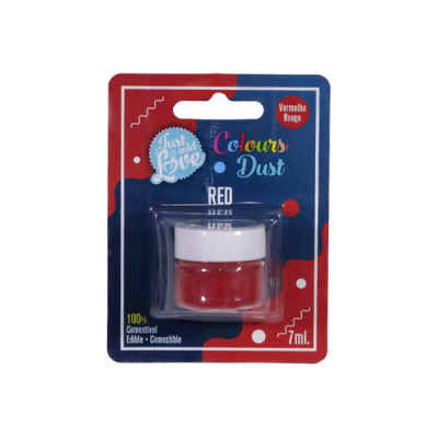 Pote pequeno com pó vermelho com tampa branca em embalagem de cartão vermelho e azul