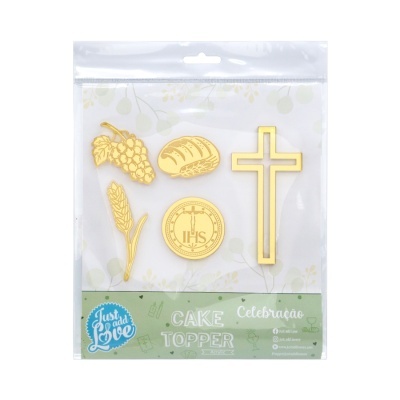 Cake toppers dourados com símbolos religiosos em embalagem transparente