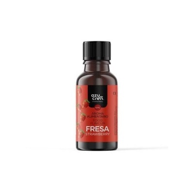 Frasco de aroma alimentar sabor morango com etiqueta vermelha e tampa preta