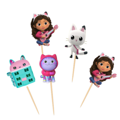 Toppers para bolos com personagens de mulher e gatos coloridos em palitos de madeira