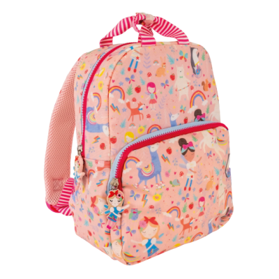 Mochila escolar infantil rosa com padrão de fadas, arco-íris e unicórnios