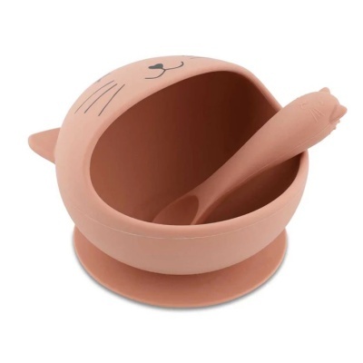 Tigela rosa de silicone com colher de cabeça de gato