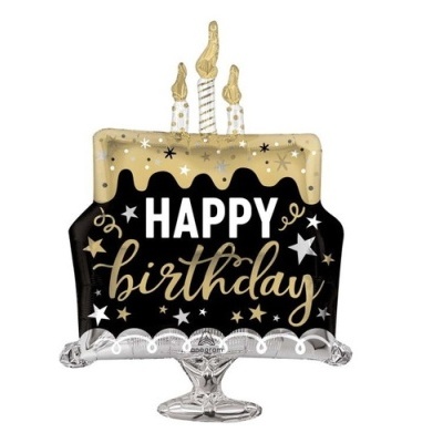 Balão de aniversário em forma de bolo com velas e texto 'HAPPY birthday'