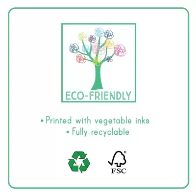 Etiqueta ECO-FRIENDLY com árvore colorida, texto sobre impressão vegetal e reciclagem, símbolos de reciclagem e FSC