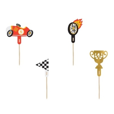 Toppers para bolos temáticos de corrida, incluindo carrinho vermelho, bandeira xadrez, roda em chamas e troféu dourado.