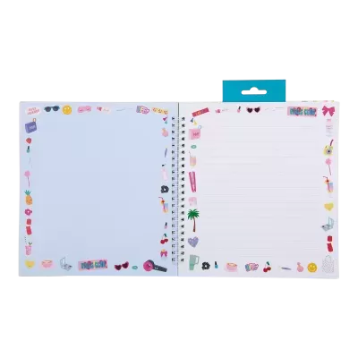 Caderno colorido aberto com ilustrações nas bordas e texto nas páginas