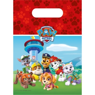 Saco de plástico vermelho com personagens PAW Patrol e padrão de pegadas