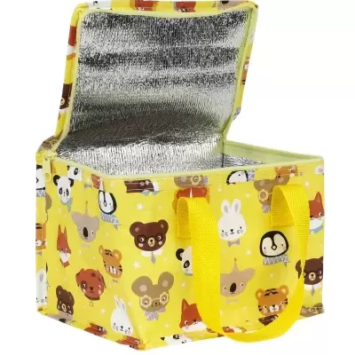 Bolsa térmica amarela com padrão de animais e interior prateado