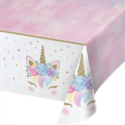 Toalha de mesa com estampa de unicórnio e flores coloridas em fundo branco e rosa