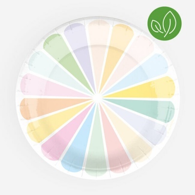 Prato descartável de papel com padrão colorido pastel e selo ecológico verde