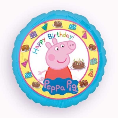 Balão azul com Peppa Pig e bolo de aniversário