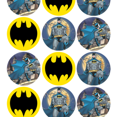 Círculos com imagens do Batman e símbolo do morcego amarelo e preto