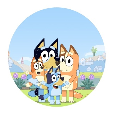 Personagens animados de cães numa imagem circular com cenário exterior com casas e flores.