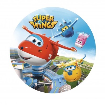 Personagens animados da série Super Wings sobrevoando uma cidade em fundo azul